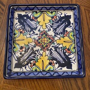 8.5” Mexican Hand Painted Porcelain Square Trinket Dish Tray Plate